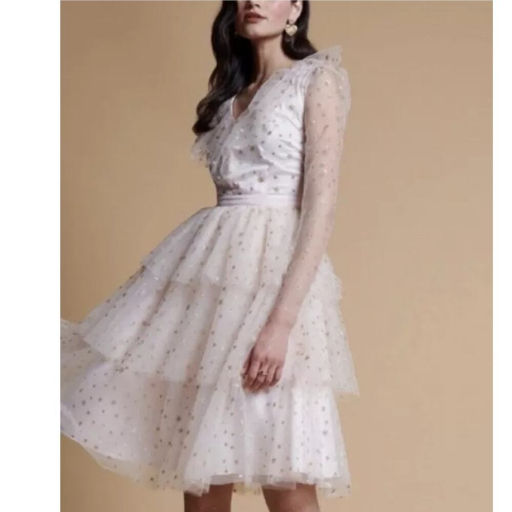New RACHEL PARCELL Glitter Star Long Sleeve Tulle Mini Dress PARTY Pink Small